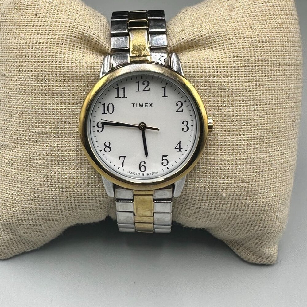 3/$30 Timex Watch Women Silver Gold Two Tone Stretch Band White Dial New Battery - Picture 3 of 14